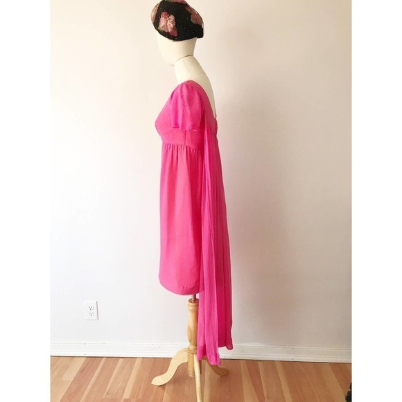 Vintage‎ 1960s Pink Chiffon Dress - Bubblegum Pink Mini Dress - Cape - Picture 3 of 9